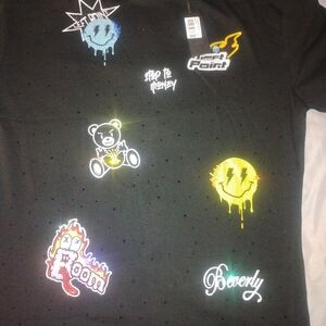 Black Graphic Tee with Colorful Patches